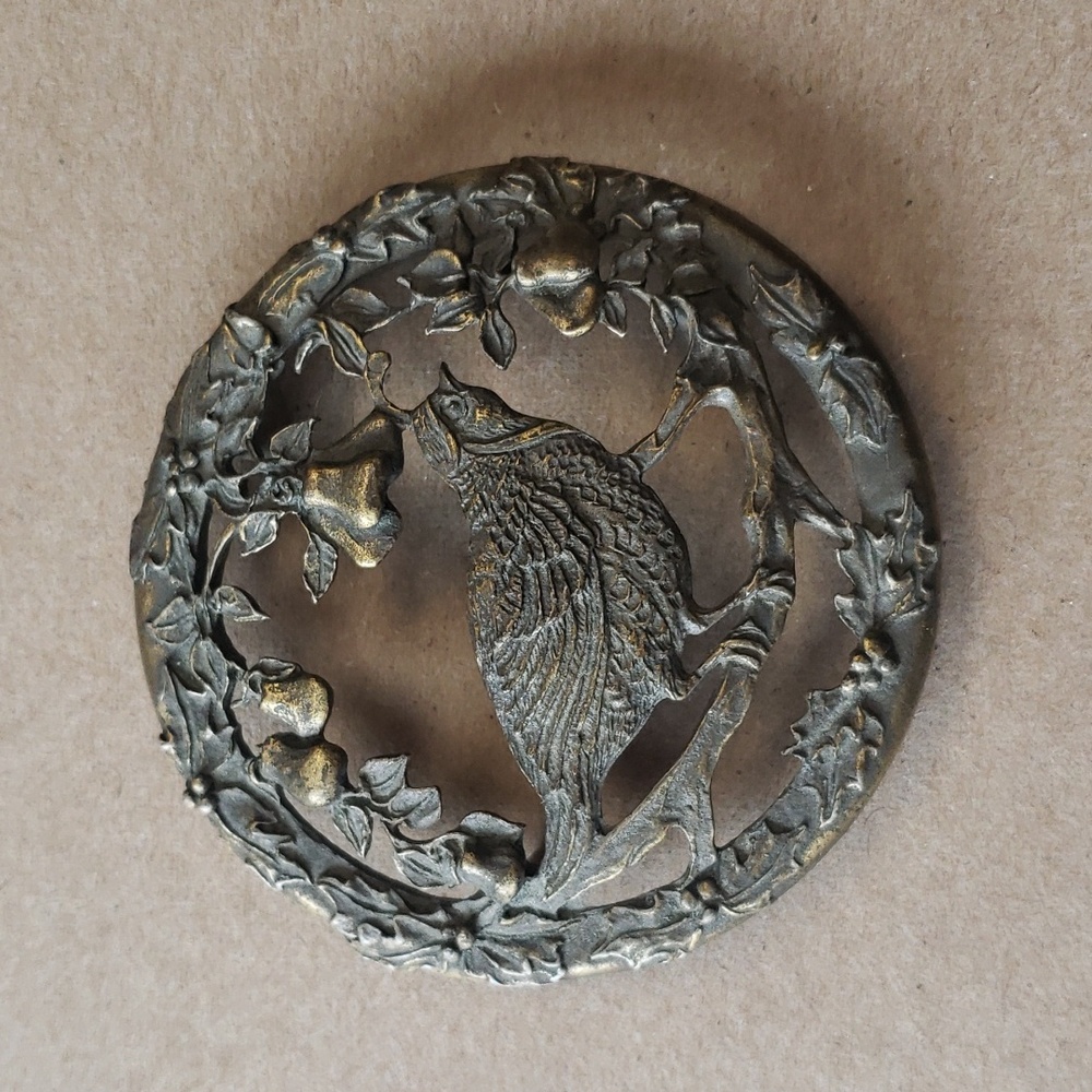 Vintage 1993 Rawcliffe pewter round jar topper partridge pear tree bird USA
